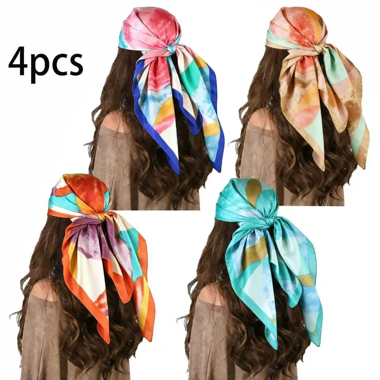 4/1 Pcs Watercolor Print Head Scarves for Women - Versatile Hair Wraps, Fashion Headscarf, Fashion Neck Scarf Bandanas, Stylish Hair Accessories, Fashionable Prints (Vibrant Color Set) Lightweight Fabric Polyester Scarf
