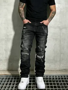 SRETOUU Men's Streetwear Hip Hop Distressed Holes Slim Straight Jeans, Men Ripped Denim Pants, Casual Jeans Menswear Stylish