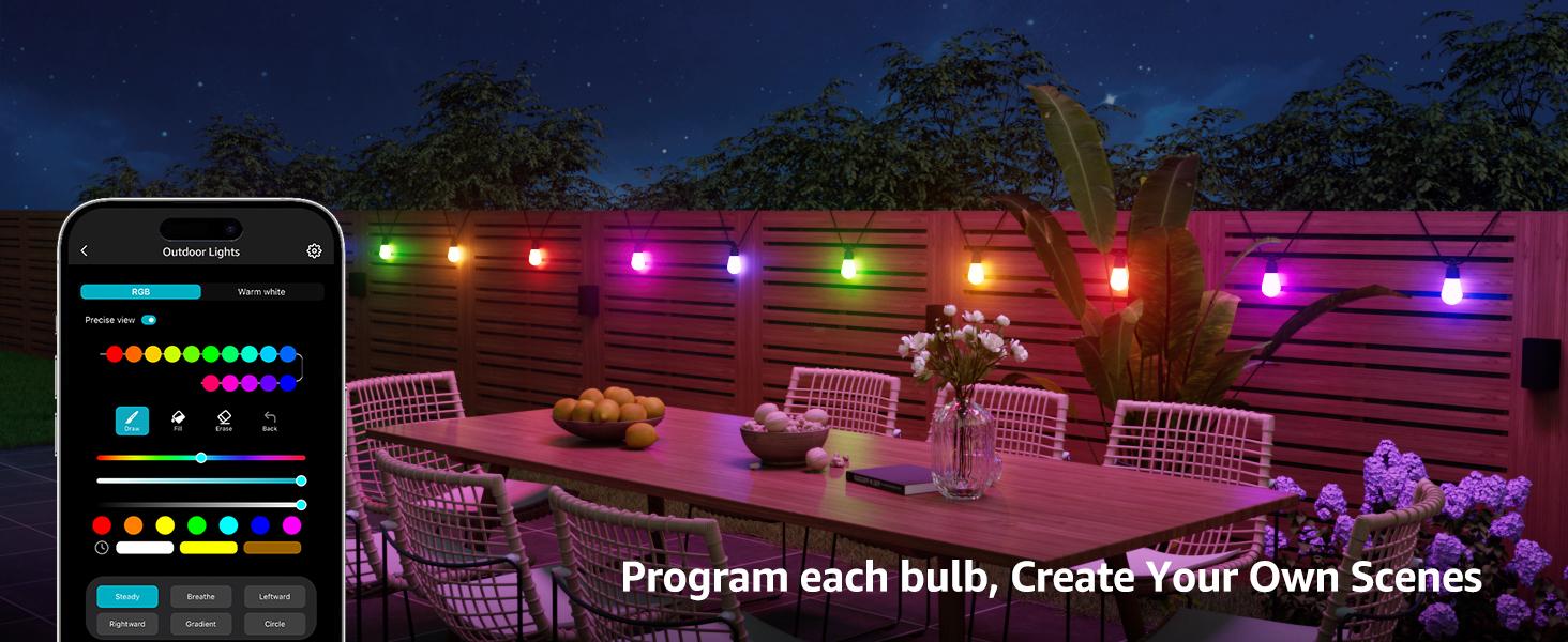 Lepro ZB1 AI Smart Outdoor String Lights APP Control, 54(42+12) ft RGB + IC +Warm White Waterproof Connectable Outdoor Strip Lights 15 LED Bulbs, Alexa Google Enabled, AI Generated Lighting LLM, NO Remote, 2.4 GHz WiFi+ Bluetooth
