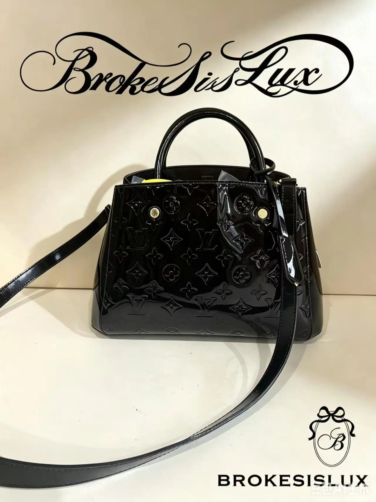 Pre-owned Louis Vuitton Montaigne BB Top Handle Bag (Black Monogram Vernis, Gold Hardware)