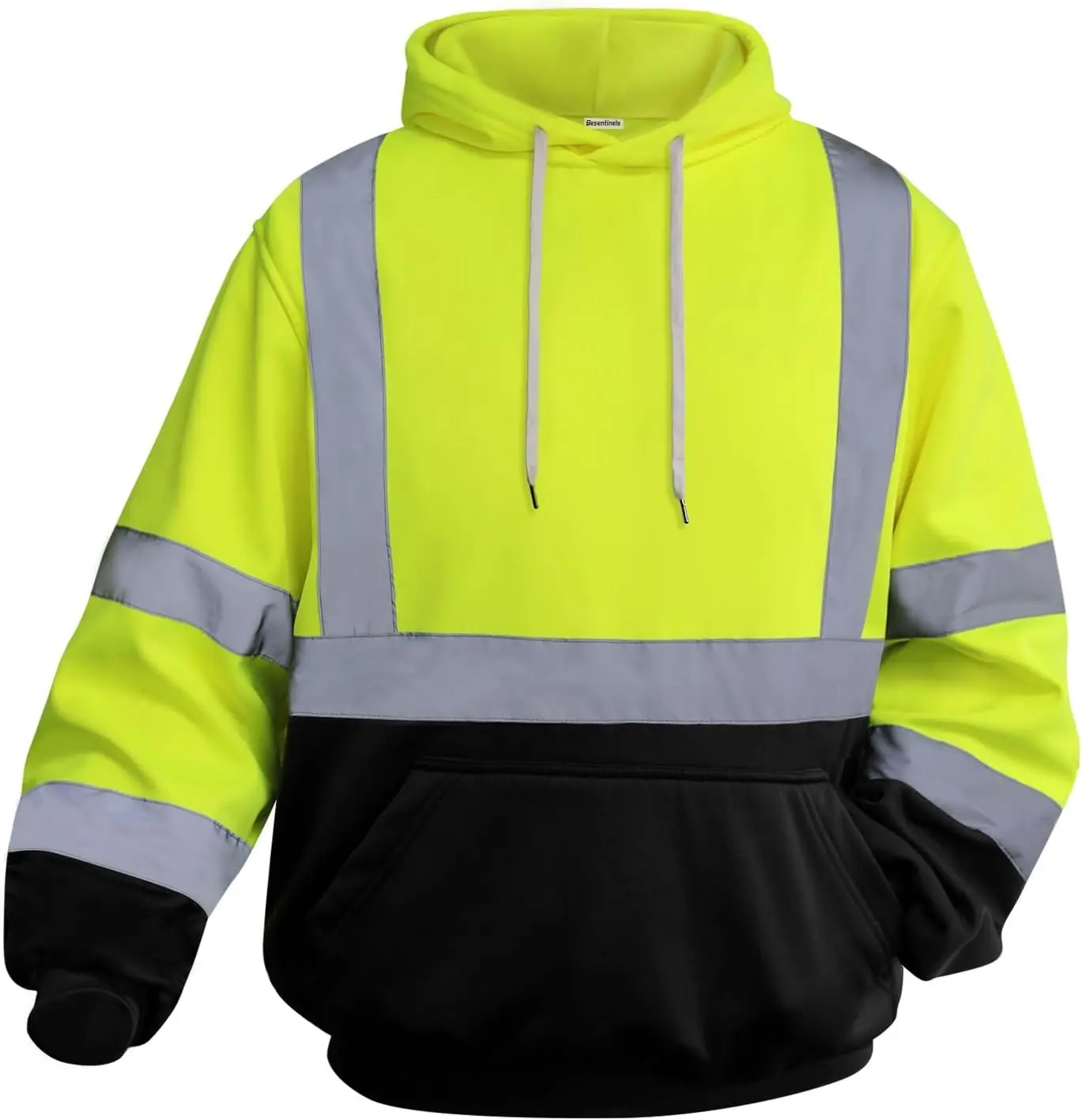 Hi Vis Yellow Safety Reflective Hoodie for Men with Black Bottom, High Visibility, Meets ANSI, Regular Fit, Long Sleeve, Pull On