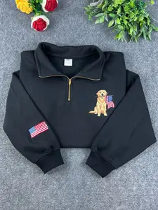 Golden Retriever Embroidered Quarter Zip, USA Flag Dog Lover Sweatshirt, Patriotic Puppy Pullover, Dog Mom Gift