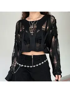 ITOOLIN Women Hole Hollow Out Y2K T-shirts Batwing Sleeve Knitted Shirt For Women Loose Streetwear Tops Spring Autumn 2024