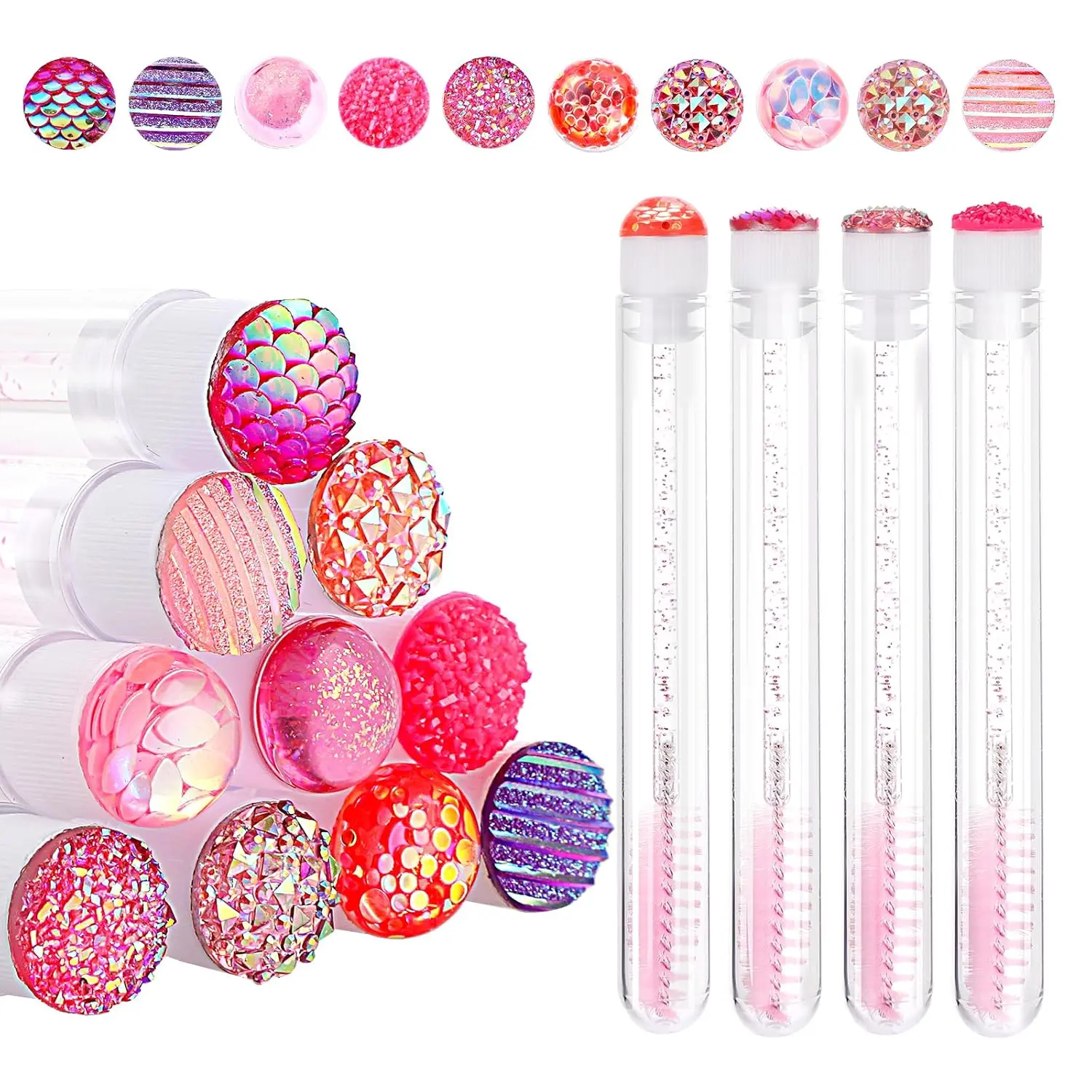 Disposable Plastic Mascara Wands Tube Set, 10Pcs Shiny Diamond Lash Brush Eyelash Spoolies with Removable Tube, Brow & Cosmetic Makeup Tool for Daily Eyelash Extensions (Pink), Nylon, 11*1.2Cm, 8.7Cm