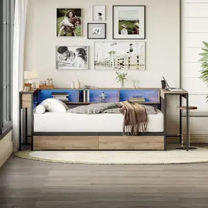 [Bellemave]Corner Bed Frame Twin Size with Bookcase and 2 Underbed Storage Drawers, Modern Twin Bed with LED Light and Charging Station, Modern Daybed Reversible Left or Right, Grey