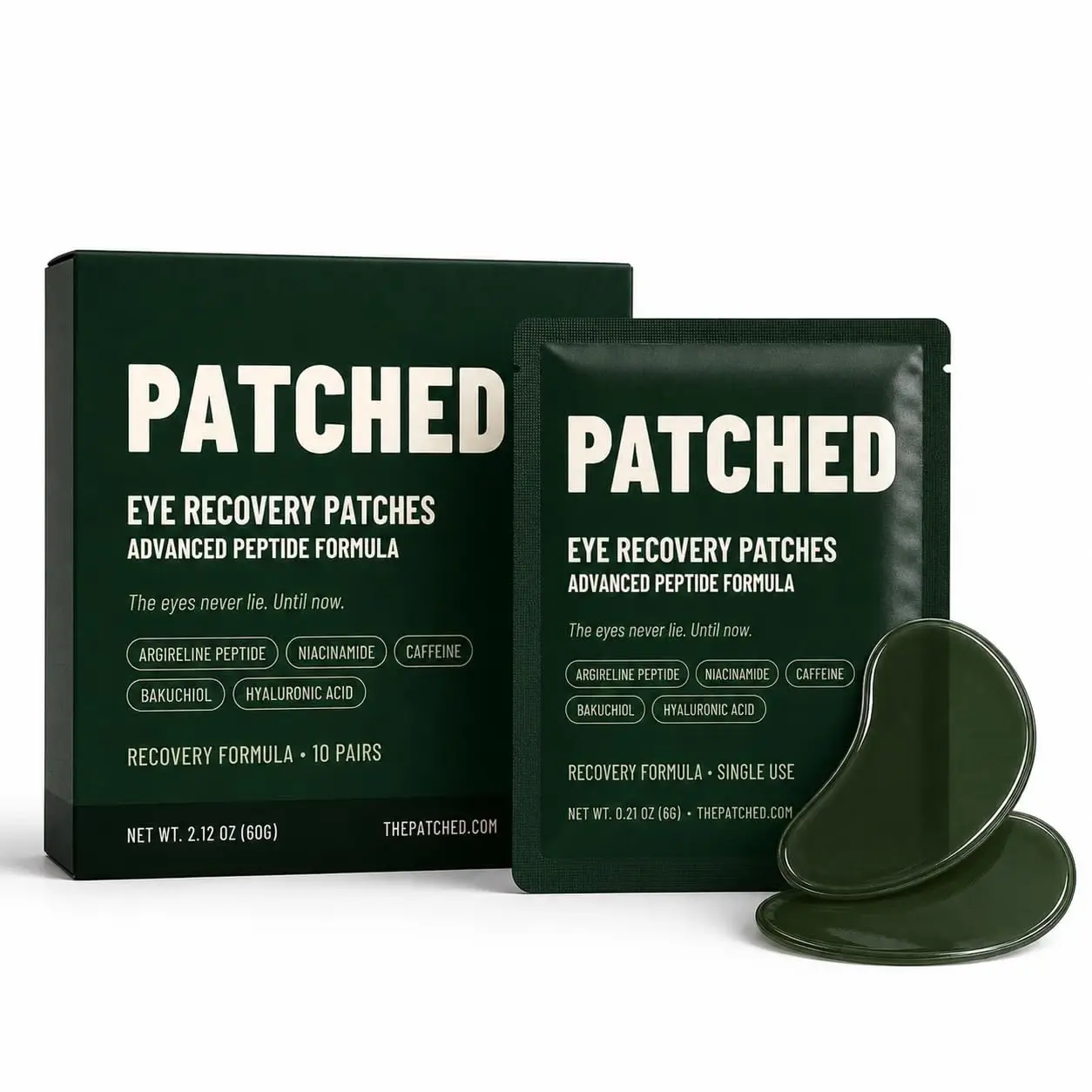 PATCHED Peptide Under Eye Patches for Men, 10 Pairs - Bio-Collagen Hydrogel Eye Patches for Dark Circles, Puffy Eyes & Fine Lines with Caffeine, Peptides & Hyaluronic Acid, Fragrance Free