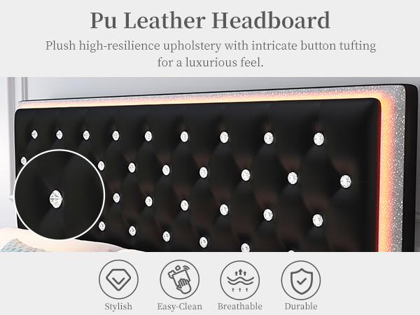 Queen Size Upholstered LED Bed Frame with Smart LED Lights,Storage Drawers &Crystal Tufted Headboard, Noise-Free, No Box Spring Needed,PU White