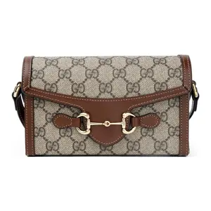GUCCI Horsebit 1955 Mini Shoulder Bag with Monogram Canvas and Leather Trim in Brown and Ebony for Men and Women