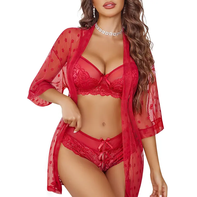Avidlove Women Lingerie Set 3 Piece Lace Kimono Robe with Bra and Panty Nightgown Sleepwear