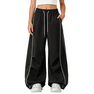 Bakyarder Women's Parachute Pants Wide Leg Baggy Barrel Casual Trousers with Elastic Waist Drawstring Y2K Streetwear