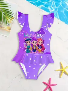 Girls' one-piece swimsuit "HUNTRX Cute Girl Group Style" features purple base with cartoon girl group prints + ruffled flying sleeves design, sweet and eye-catching, instantly enhancing the summer pool/beach water-play atmosphere!