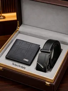 Men's PU Leather Wallet Belt Set, Business Fashion Wallet, Business Style Wallet, Daily Essential, Geometric Design, Random Print, Perfect Gift for Birthdays and Anniversaries