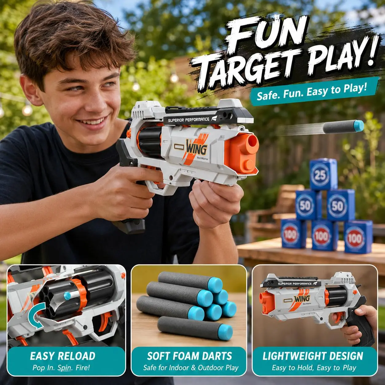6-Shot Mechanical Foam Dart Blaster Toy, Revolving Cylinder Soft Bullet Launcher with Linked Firing Action, Outdoor Pretend Play Toy for Boys, Kids’ Parties and Birthday Gifts