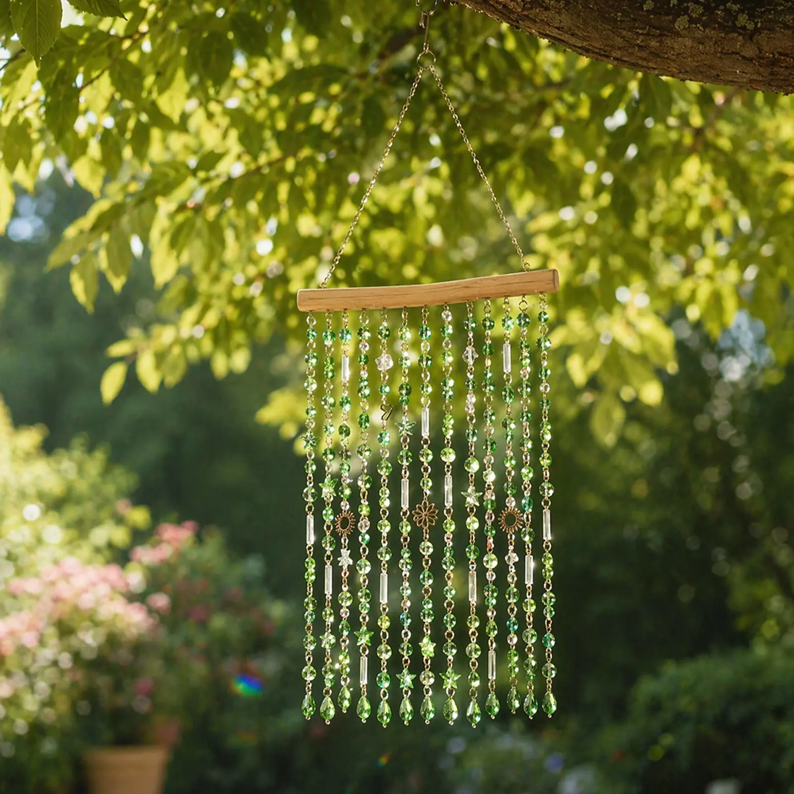 Crystal Sun Catcher, Green Crystal Beaded Curtain Suncatcher, Rainbow Maker Indoor Outdoor Decor for Window Bedroom, Bless Gift