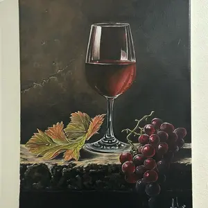Bodegon 14X11 inches Acrylic Painting on Canvas with Wine Glass and Grapes Still Life Art