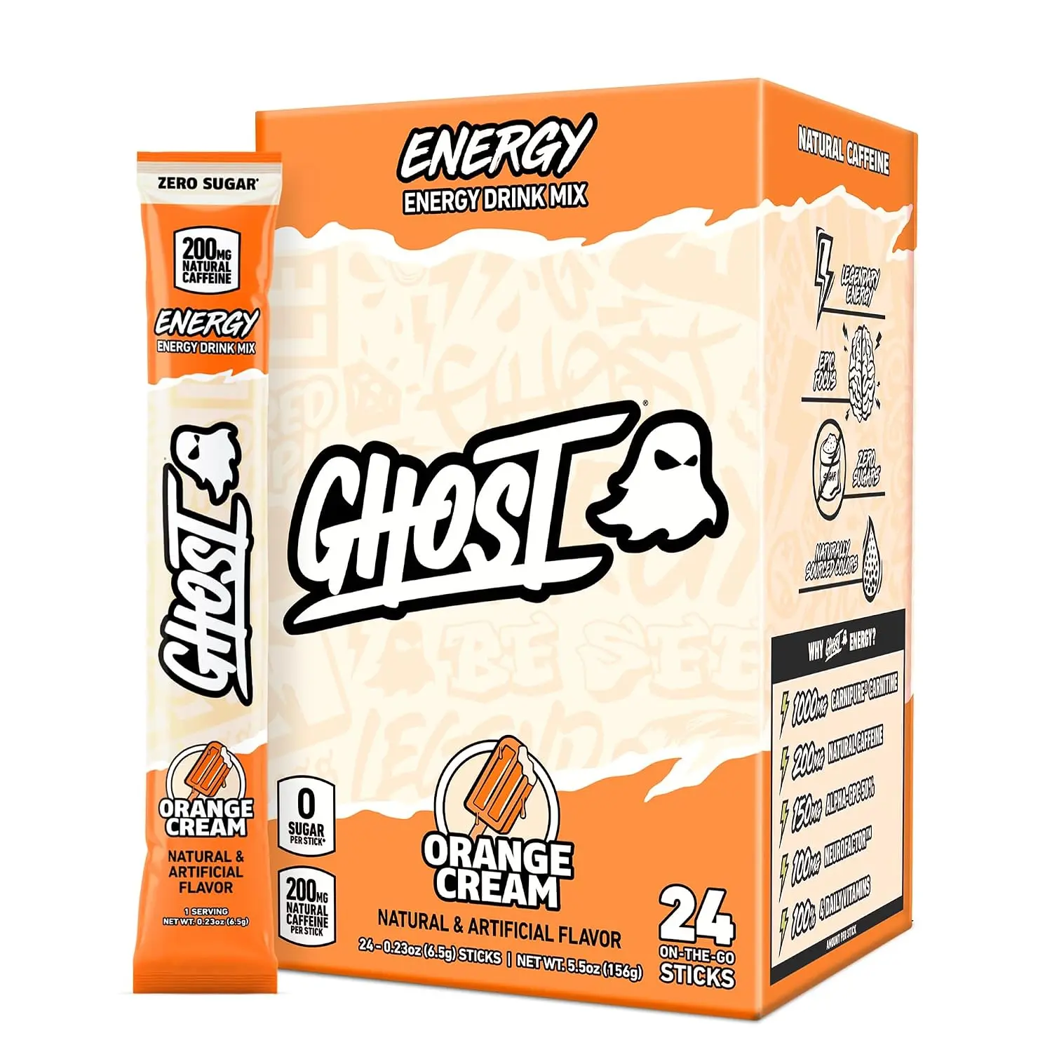 GHOST Sugar-Free Energy Drink Mix Packets, Orange Cream Flavor, 24 Sticks - 200mg Natural Caffeine, 0 Sugars, Daily Vitamins, No Artificial Colors, Pre-Workout Sports Energy Drink Sticks