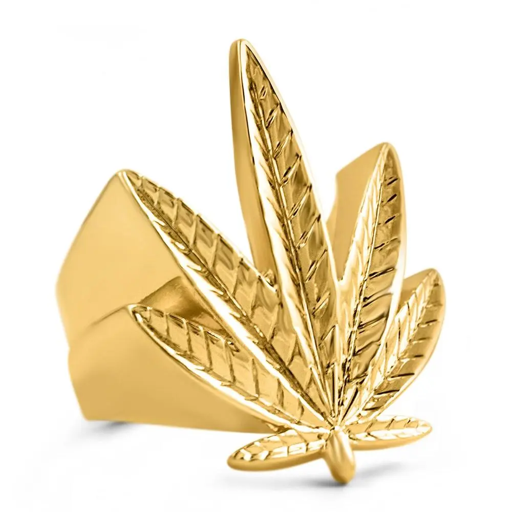Marijuana Leaf Pot 420 Stoners Gold Ring, Statement Rings, Botanical Style Rings