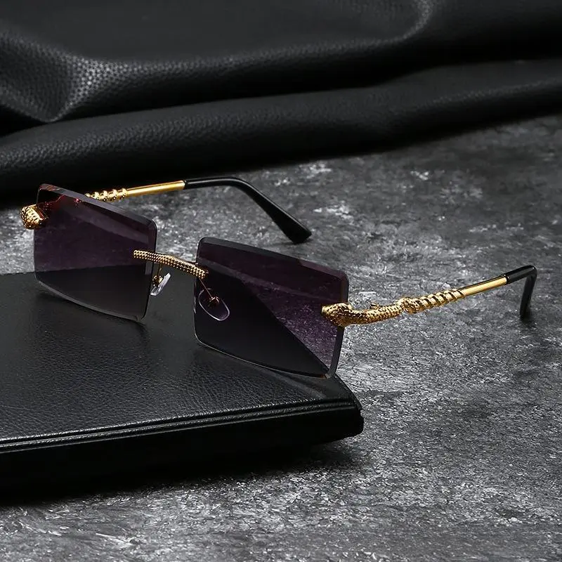 Women's Oversized Rectangular Semi-Rimless Luxury Sunglasses, Gold Snake Detail Statement Gold Coil, Lightweight Polyamide Frame, Casual Unisex Street Style, Blue Light Blocking UV Protective Lens, Daily Wear Accessory, Lightweight Frame, Snake Accents