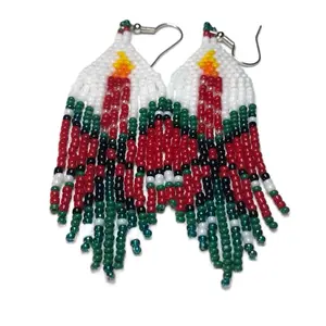 Native American Christmas Beaded Earrings Handcrafted with Santa in Chimney & Christmas Ribbon Design Lightweight Festive Jewelry