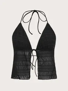 SHEIN ICON Split Hem Tie Backless Mesh Halter Y2k Top