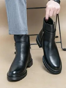 Men's Business Solid Color Zipper Chelsea Boots, Fashionable Pointed Toe Ankle Boots for Daily Wear, Male All-match Trendy Shoes for Fall & Winter, Work Ankle Boots