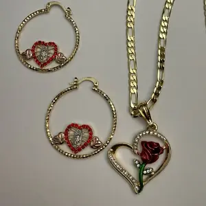 Love Jewelry Set Necklace and Earrings Gold Plated with Heart and Rose Pendants