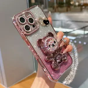 Luxury Bear Stand Phone Case, Gradient Sand Anti-Drop Protection, Crystal Lanyard, Fits iPhone 17pro Max 16pro 15 14 13 12 11