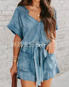 One Piece Jeans Stretch Jumpsuits Women V Neck Short Sleeve Solid Denim Casual Rompers Ladies Lace Up Playsuits Pockets