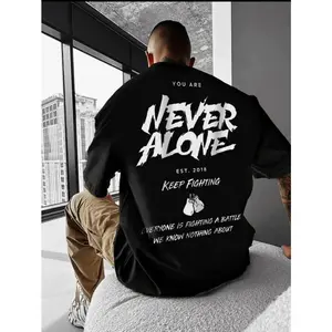 Never Alone Keep Fighting Graphic Oversized T Shirt Men Streetwear Vintage Washed Cotton Crewneck Short Sleeve Casual Summer Outfit Gift