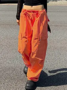 GILIPUR orange adjustable drawstring waist cargo wide-leg pants, women's American retro style with multiple pockets, Y2K casual pants, sexy style floor-length pants, TChic