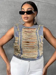 Women's Summer Denim Shirt Blouse Sleeveless Trendy Ripped Design Fit, Plus Size Fashionable Jean Top, Casual Wear for Women, Hot Selling Item