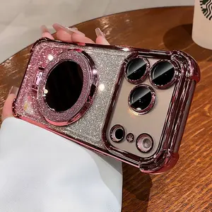 Acrylic four corner anti drop electroplated border phone case suitable for iPhone 17/16/15 Pro Max/14/13/12 Pro Max Plus Air sparkling magnetic bracket mirror MagSafe magnetic protection case coated anti drop back case