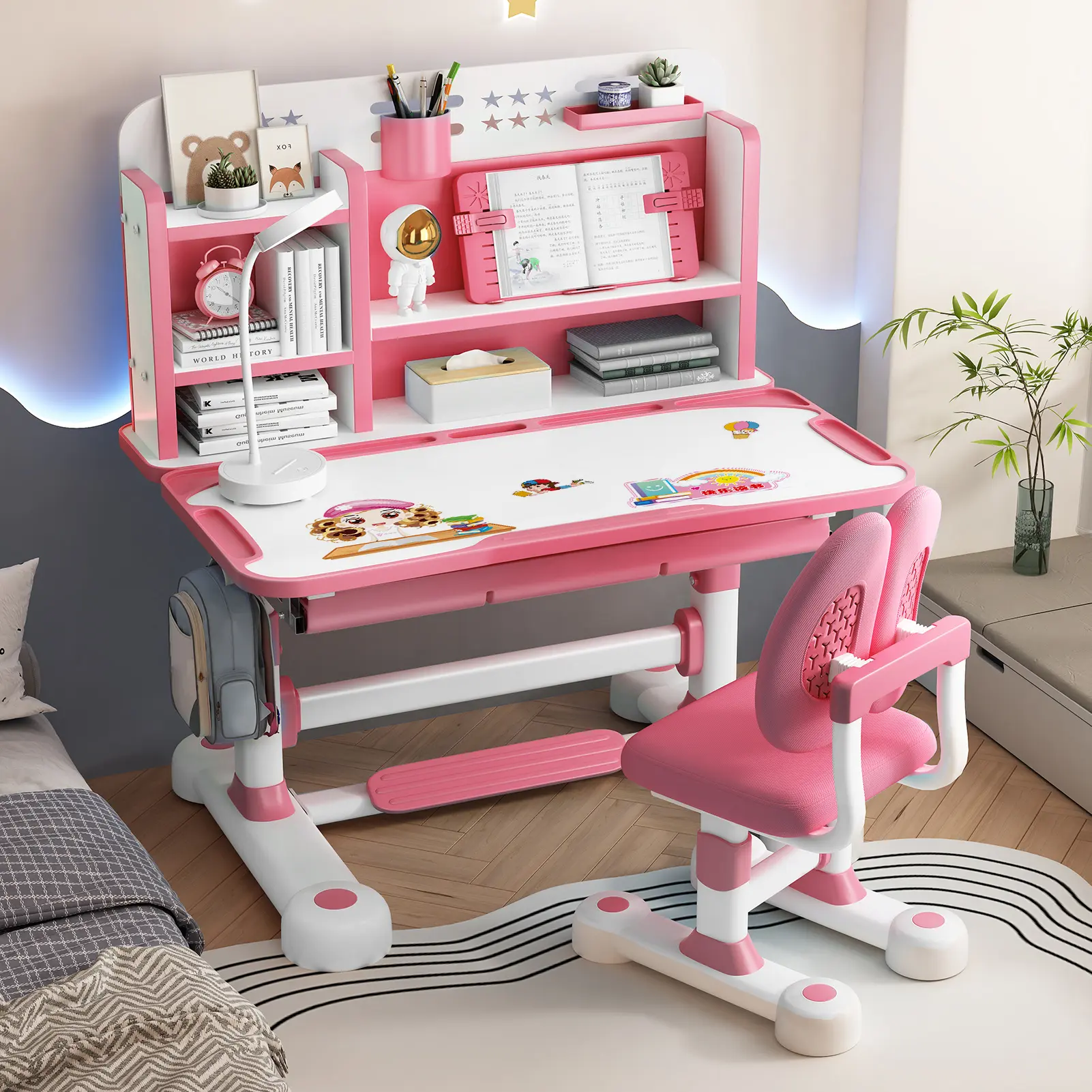 2Pcs/Set Kids Study Desk Chair Set, Height Adjustable Children School Study Table Chair Set with Sitting Corrector, Ergonomic Desk Chair with Book Stand, Foot Pedal, Partition Design (Pink, Blue)