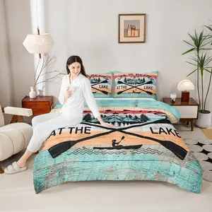 Lake Boating Comforter Set,Rustic Farmhouse Wooden Barn Bedding Set for Kids Girls Teens Bedroom Decor Outdoor Camping Quilted Duvet Vintage Colorful Bedspread
