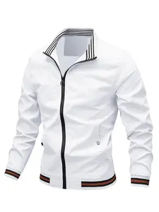 Men's Stand Collar Jacket, Fashionable Casual Long Sleeve Outerwear, Spring & Fall Trendy Men's Coat, Fitted Plain Style, Zippered Jacket, Street Fashion Outerwear