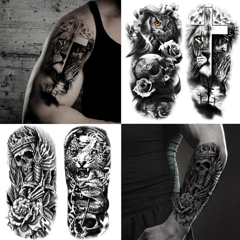 82 Sheets Temporary Tattoo for Men Women Adults, Include 12 Sheets Black 3D Half Sleeve Temporary Tattoos, Halloween Tattoos Scary Lion Wolf Tiger Skull Skeleton Tattoos Stickers
