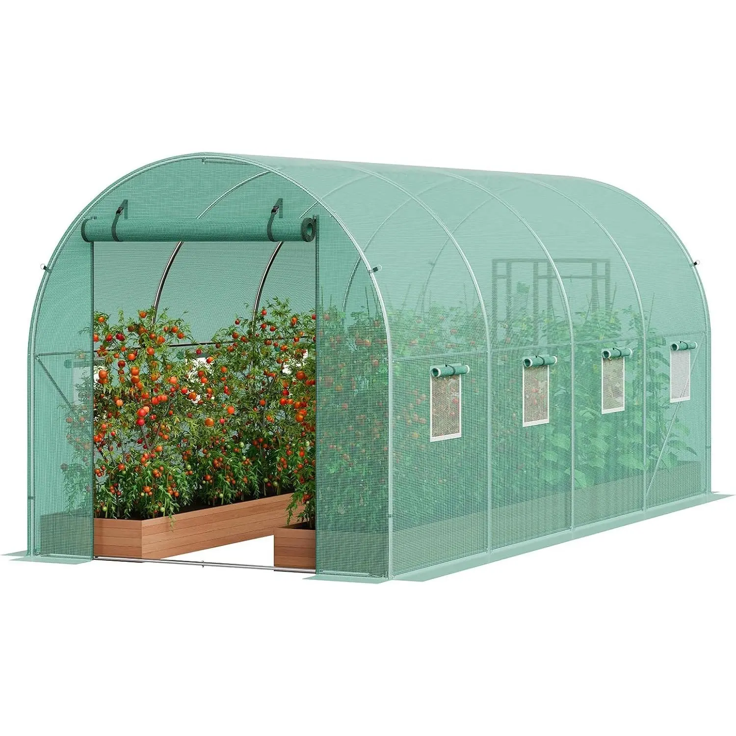 15x7x7 ft Outdoor Walk-in Greenhouse - Heavy-Duty Galvanized Steel Hoop House with PE Cover, 8 Windows, Roll-Up Door - Gardening Plant Tunnel for Vegetables, Year-Round Growing