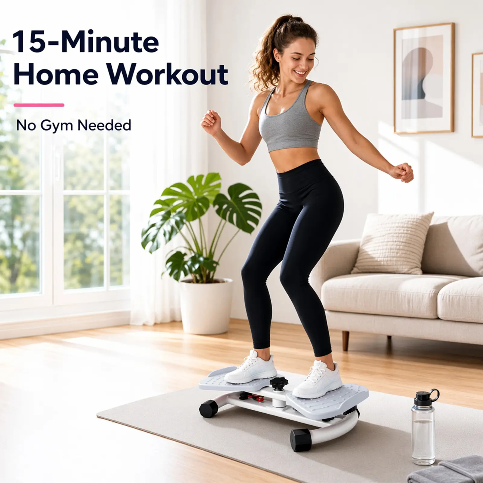 Home Gym Mini Stepper with Resistance Bands, Waist Twister & Ab Board - Non-slip, Quiet Operation, Low Noise, 300lbs Load, Stable Triangular Frame, Low-Impact Workouts Indoor Exercise Gear