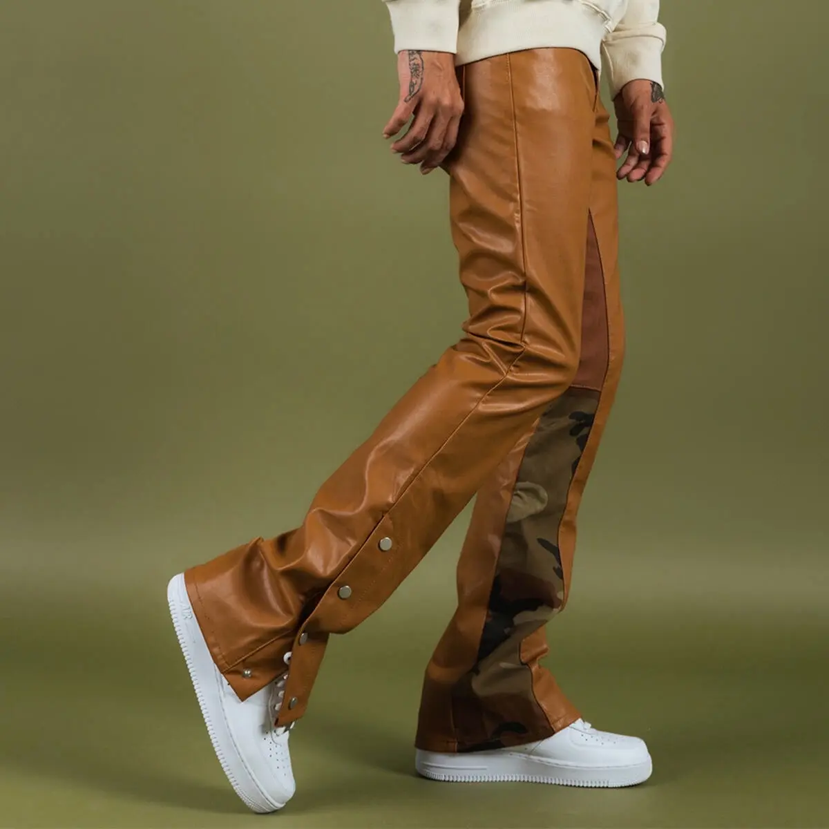 THRT RICK ROSS PU Leather Camo Accent Stacked Pants Menswear Stylish Flare Jeans Man Trouser Cotton Fabric