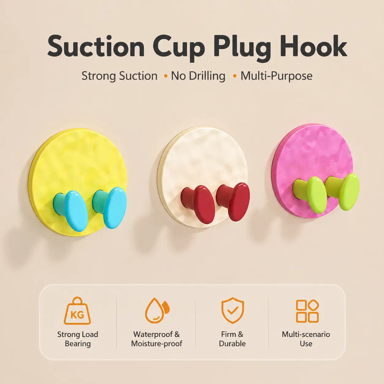 1 Count Suction Cup Plug Hook, Wall Mounted Colorful Hook for Organizing Plug, Cord and Small Items in Kitchen, Bathroom, Bedroom