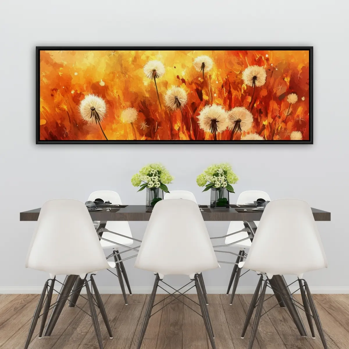 Pictorem C1FC2060QZTNAH 20 x 60 in. Dandelion Fire - White Framed Canvas Wall Art for Home Decor