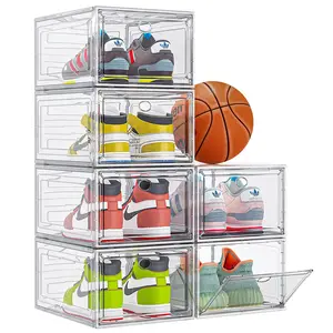 6-Pack Clear Shoe Storage Boxes – Stackable & Foldable Organizer with Magnetic Door | Space-Saving Sneaker Display for Closet, Boots (White, Durable Plastic)