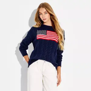 Women's Crewneck Americana Flag Pullover Sweater - Wild Fable Navy Blue Flags S