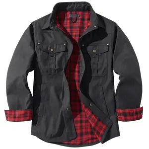Men's Flannel Lined Shacket Jacket Black Twill Exterior Red Plaid Brushed Lining Button Front Utility Pockets Cowboy Western Style Casual Outdoor Daily Wear Regular Fit Men’s Warm Layered Shirt Jacket