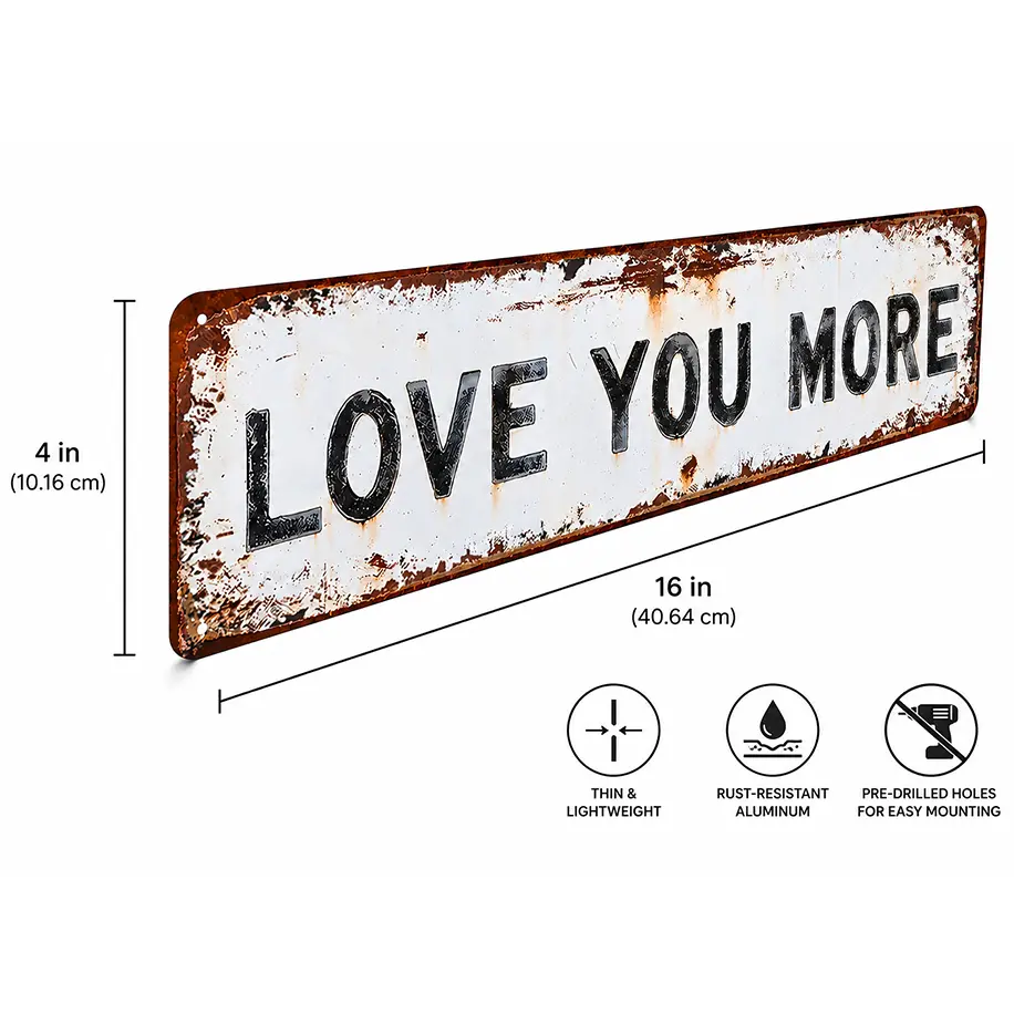 Vintage Lightweight Aluminium Wall Plaque - 4x16 in Rustic Farmhouse "Love You More" Quote Sign, Pre-Drilled Room Decor, Couple Gift for Wedding Anniversary