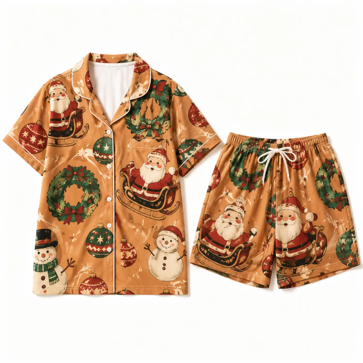 Christmas Santa and Snowman Print Short Sleeve Pajama Set, Button Front Top and Elastic Waist Lounge Shorts for Cozy Sleepwear