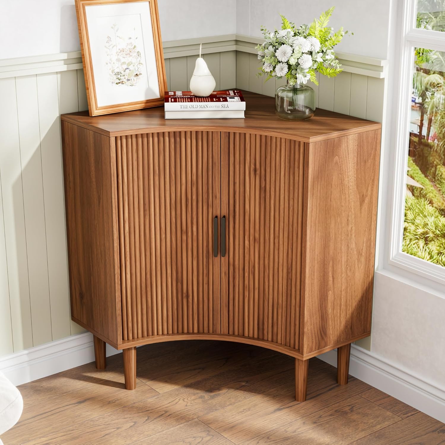 Fluted Corner Cabinet, Small Corner Floor Cabinet with Sliding Doors and Adjustable Shelves, Modern Wooden Freestanding Narrow Storage Organizer for Small Space,Living Room, Dining Room, Bathroom