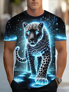 The men's T-shirt is made of 3D printed polyester fiber, featuring a glowing blue panther design, short sleeves, Round Neck, durable breathable material, and a futuristic star background, perfect for casual Streetwear, Menswear, Casual Tee Tops