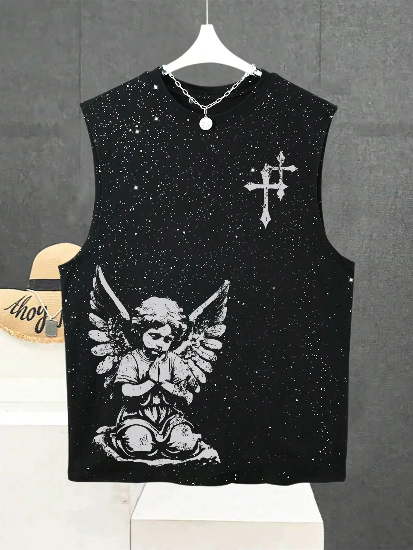 1 Unisex Dark Aesthetic Casual Graphic Round Neck Sleeveless Tank Shirt, Celestial Patterns With Silver Cross Detail, Music Festival Ready And Urban Hip-Hop Style
