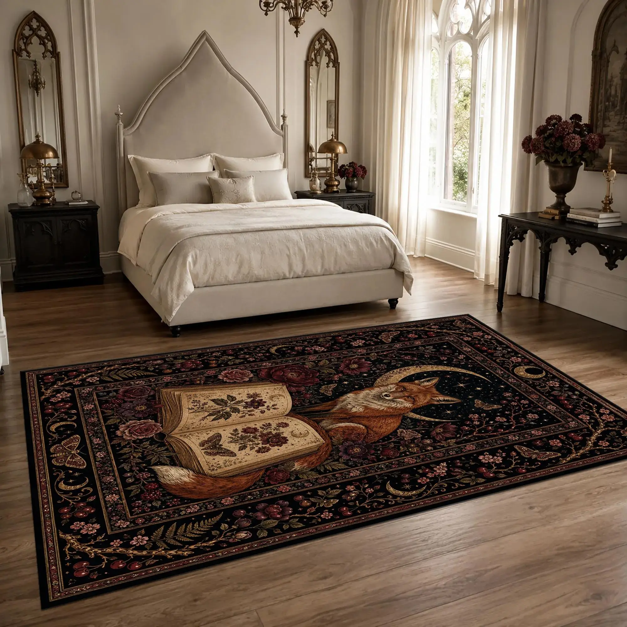 Gothic Fox Area Rug - Dark Floral Botanical Book Design, Moonlit Woodland Themed Floor Covering for Witchy Cottage Living Room & Reading Room Decor